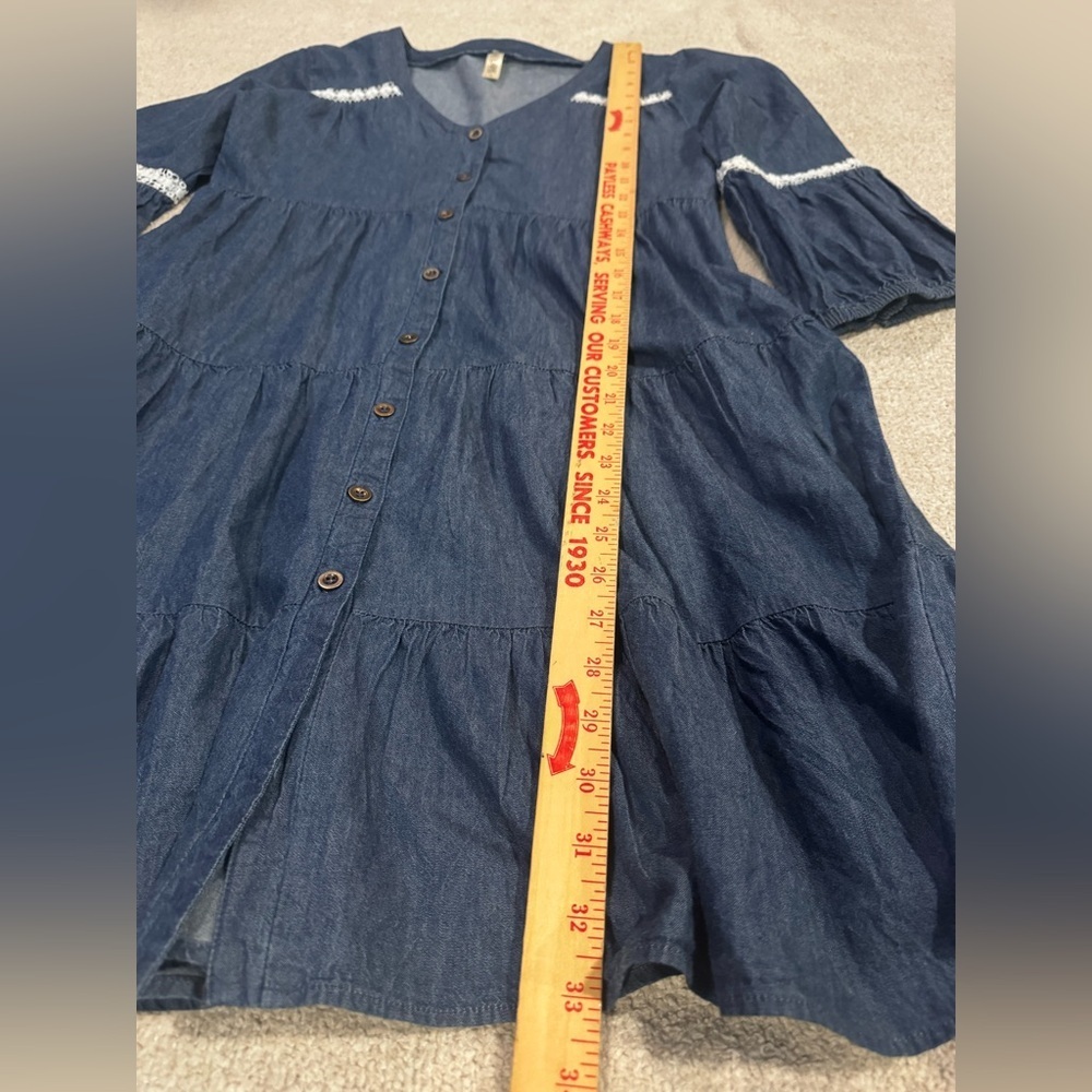 Anthropologie Lapis Chambray Tiered Boho Dress Small Lace Trim Bell Sleeve - Picture 4 of 5